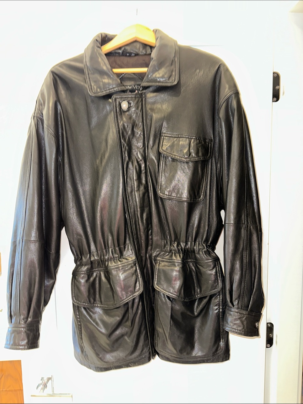 Andrew Marc Black Leather Military Field Jacket
